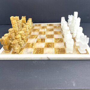Vintage Hand Carved Onyx Stone Chess Set 14” Board King 4” Brown White Marble